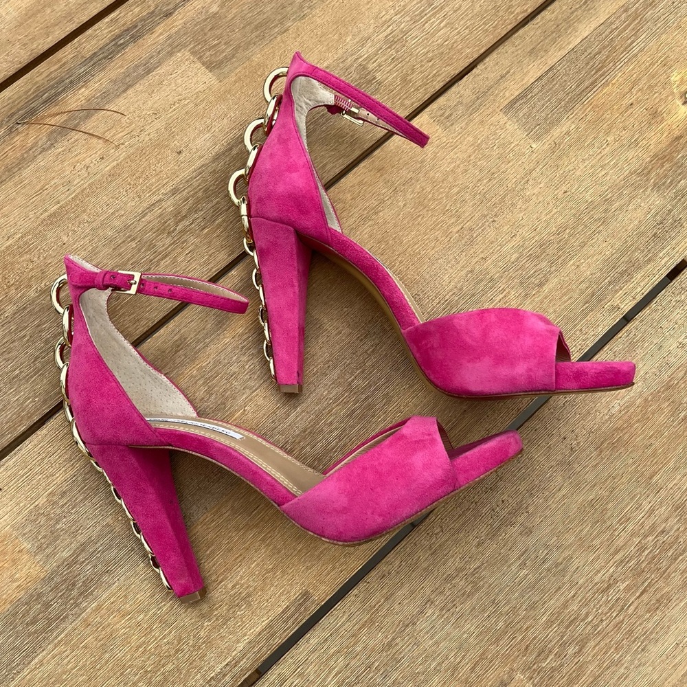 Diane von Furstenberg Suede Heels with Gold Chainlink Detail